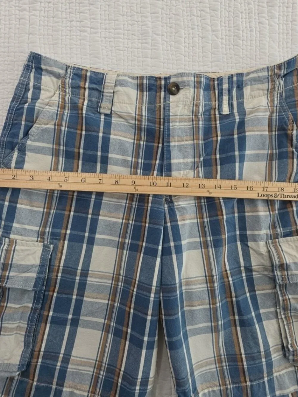 Mossimo Supply Cargo Shorts Mens 34‎ Blue Plaid 100% Cotton 6 Pockets 10